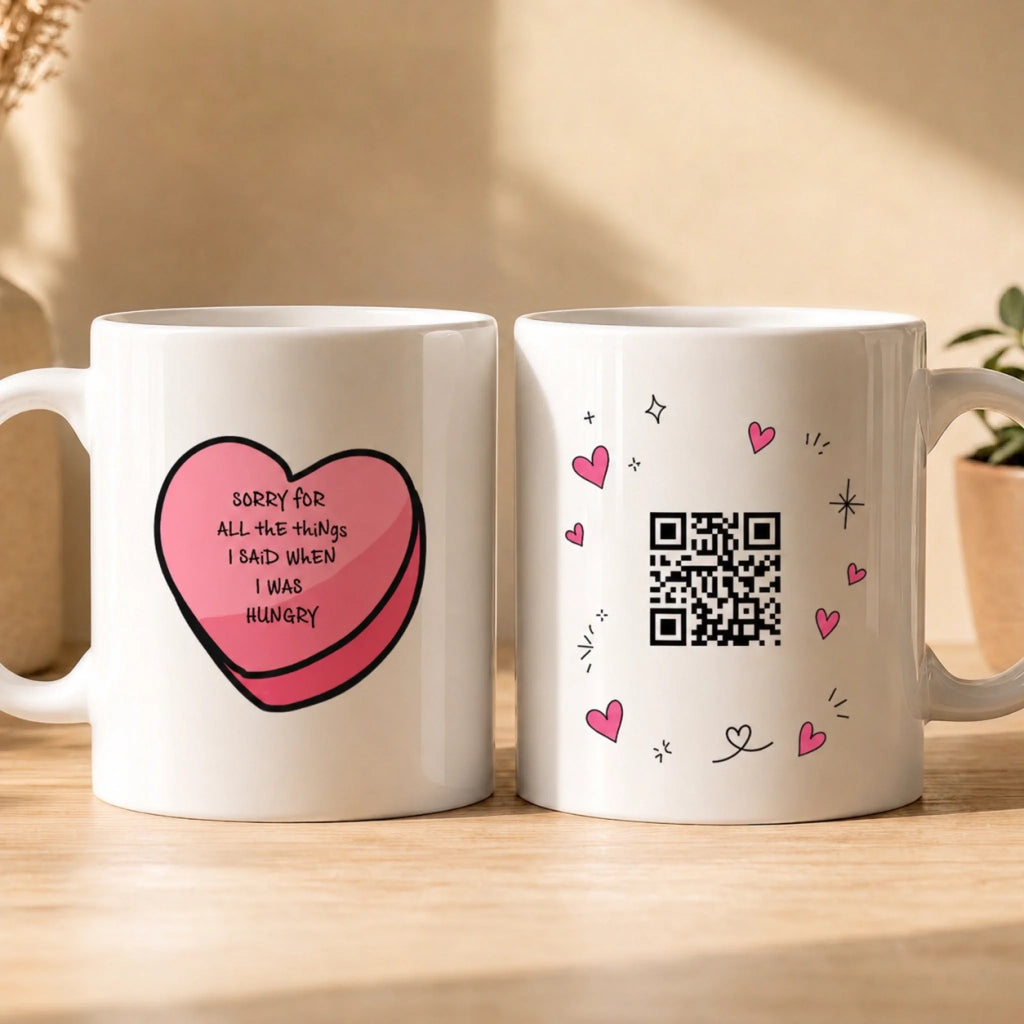Couple Mugs -  Funny Valentines Jokes Gifts Personalized QR Mug – Custom Text Apology Mug